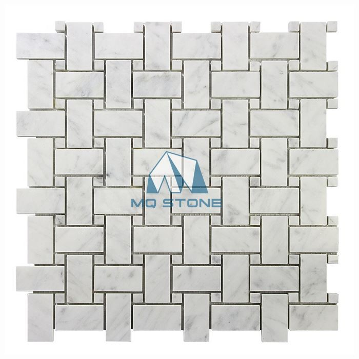 A Closer Look at the Details of Carrara White Marble Basketweave Corner Mosaics
