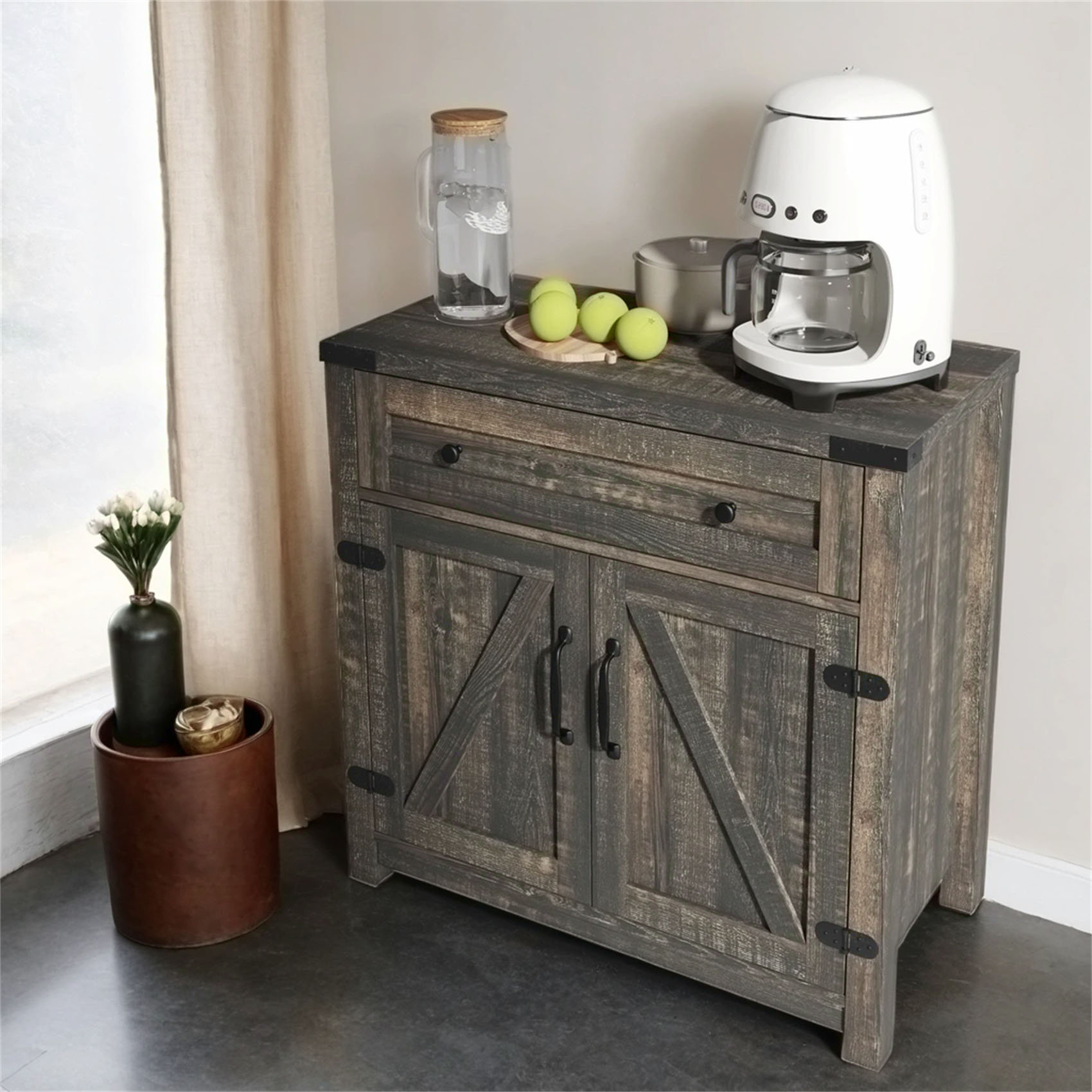 Achieve a Cozy Farmhouse Feel with the Vintage Black Barn Door Accent Cabinet