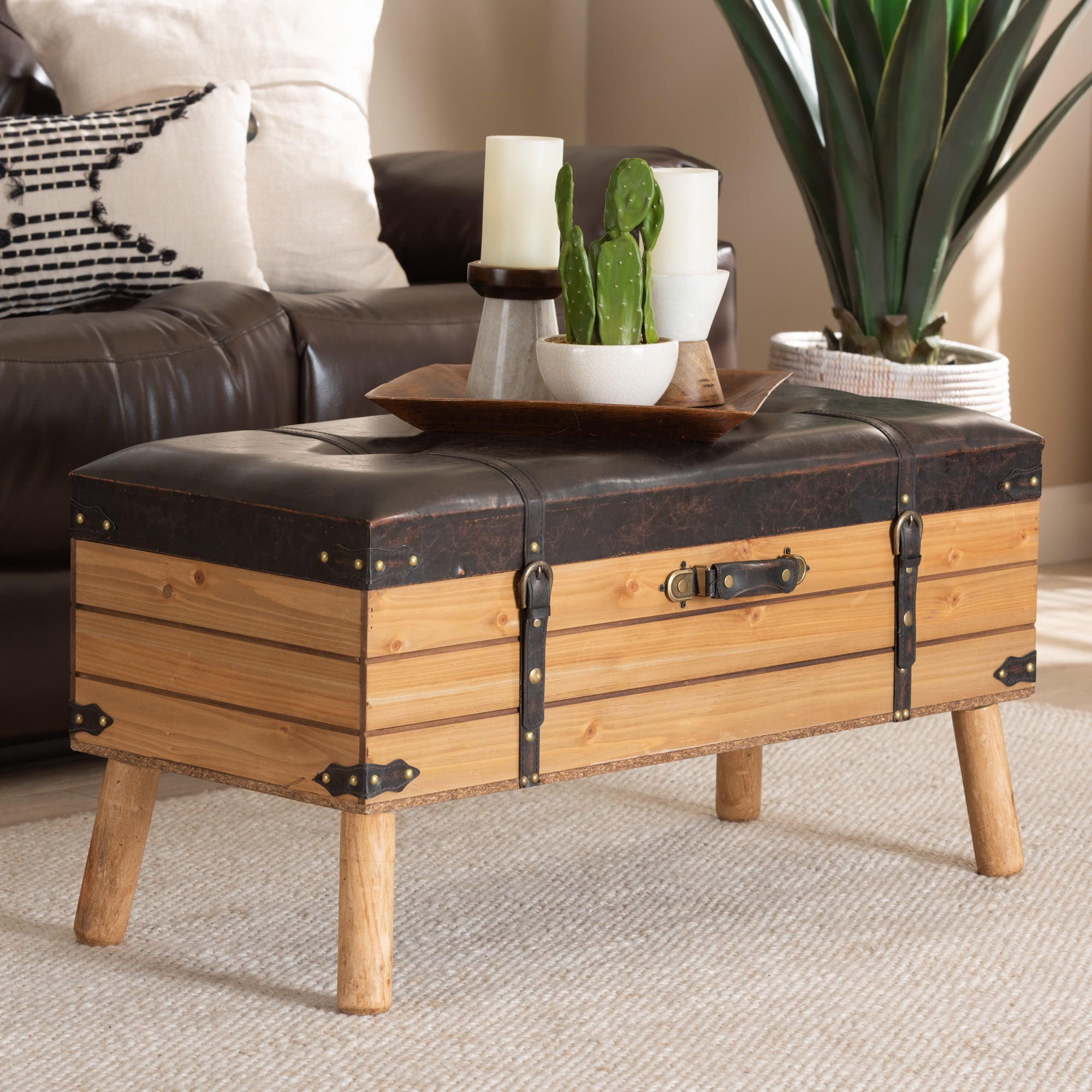 Classic oak brown wood storage ottoman design trends in modern interiors
