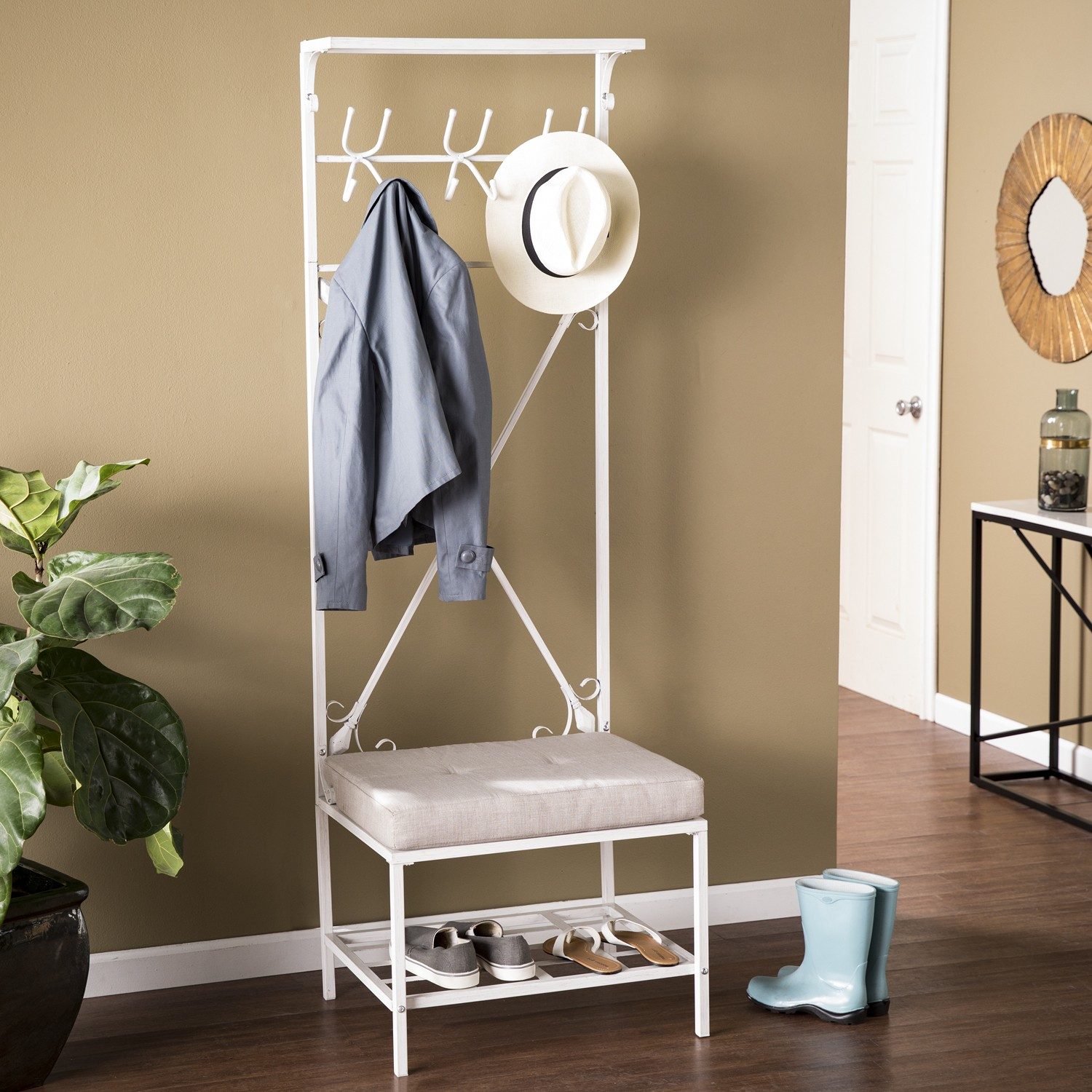 Stylish Storage Solutions Discovering Distressed White Hall Tree Benches