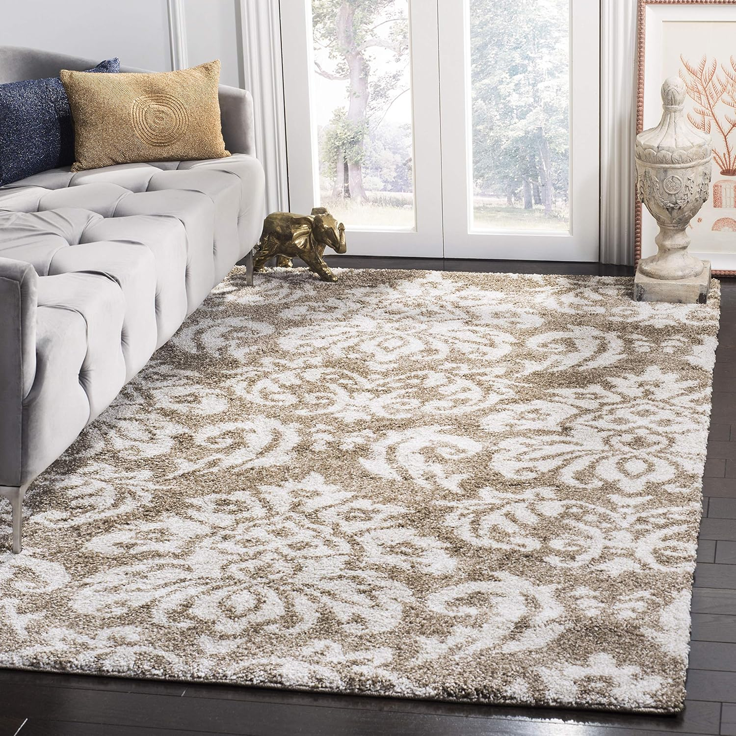 Elegant Damask Area Rug 1.2 inch Plush Pile Non-Shedding Polypropylene