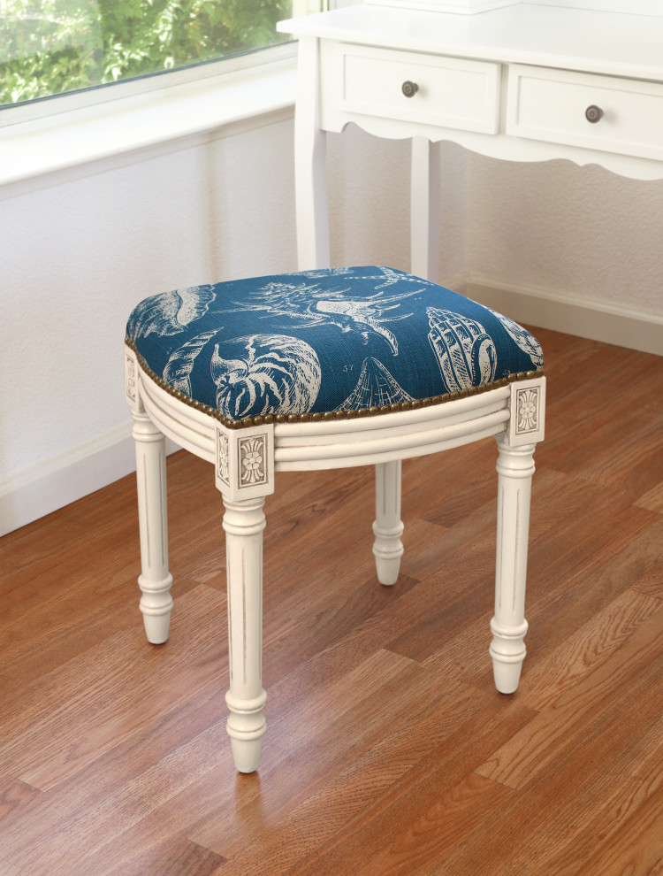 The Timeless Appeal of Navy Blue Seashells Linen Upholstered Vanity Stool in Modern Interiors