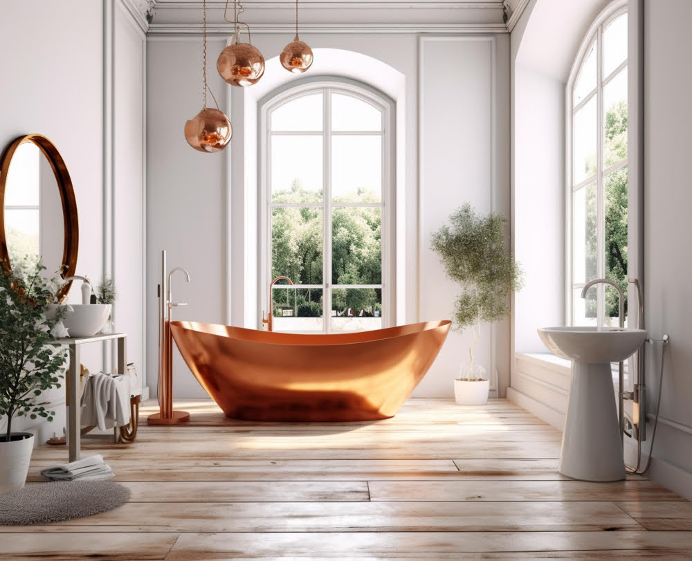 How antique copper finishes enhance bathroom design with Miseno fixtures
