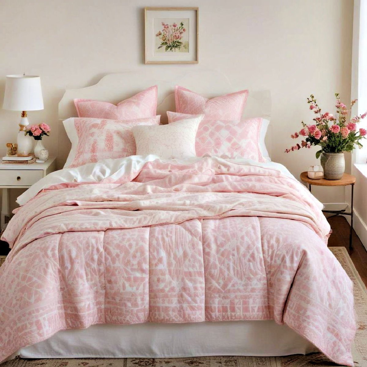 pink and white bed linen