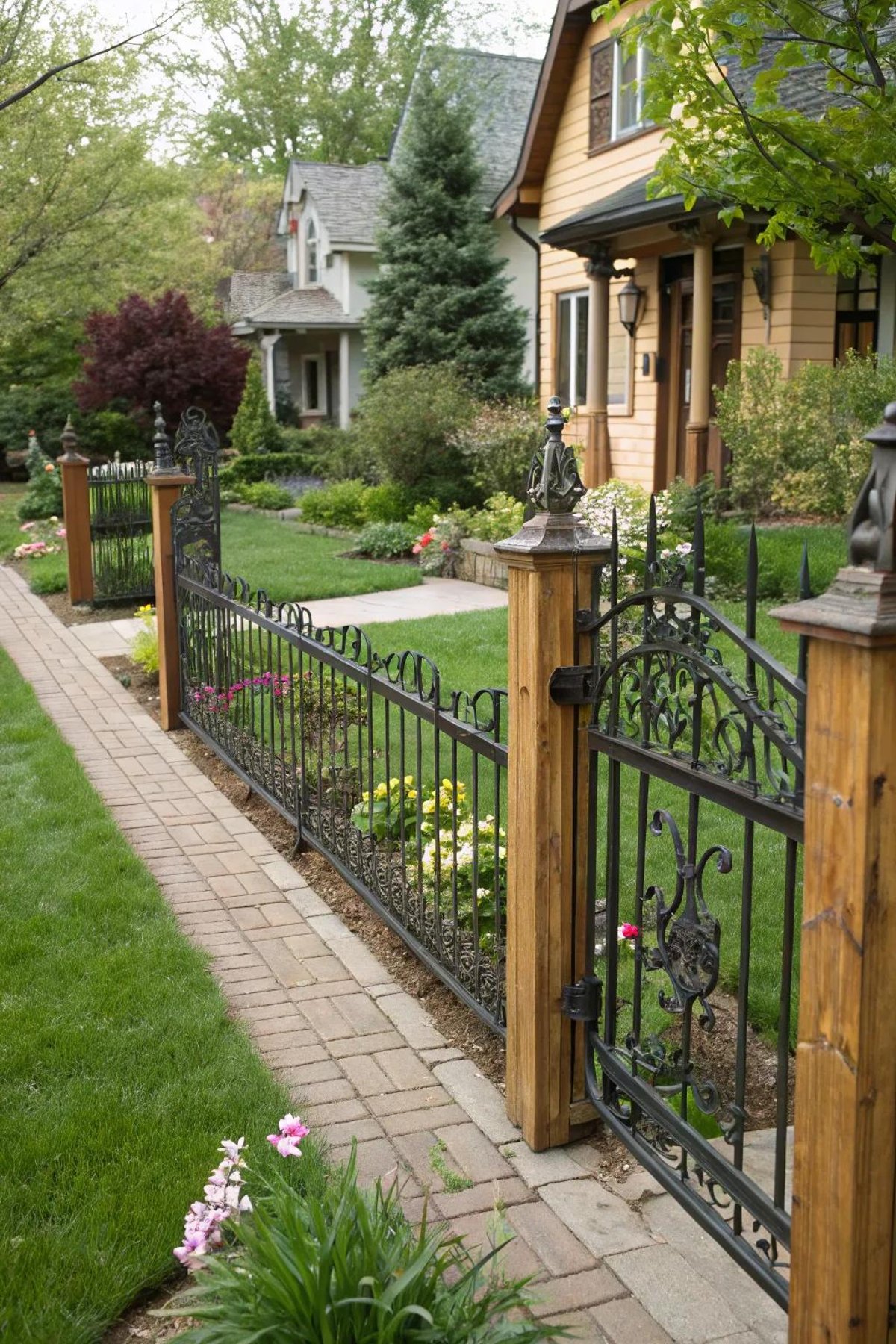 rod iron fence with wood