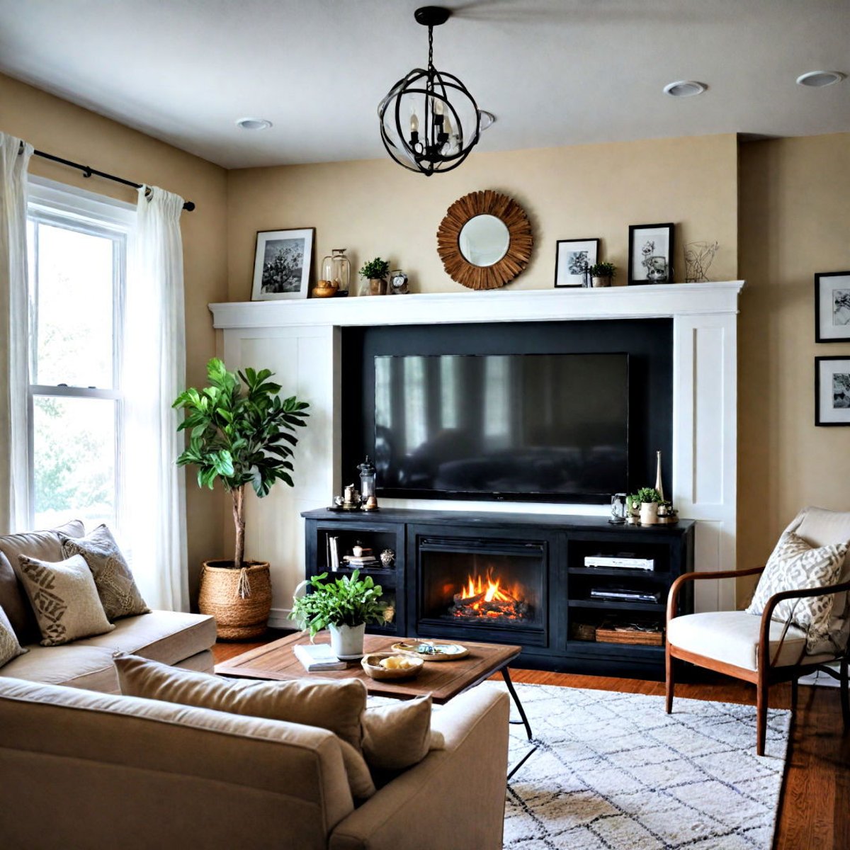 small living room with tv over fireplace
