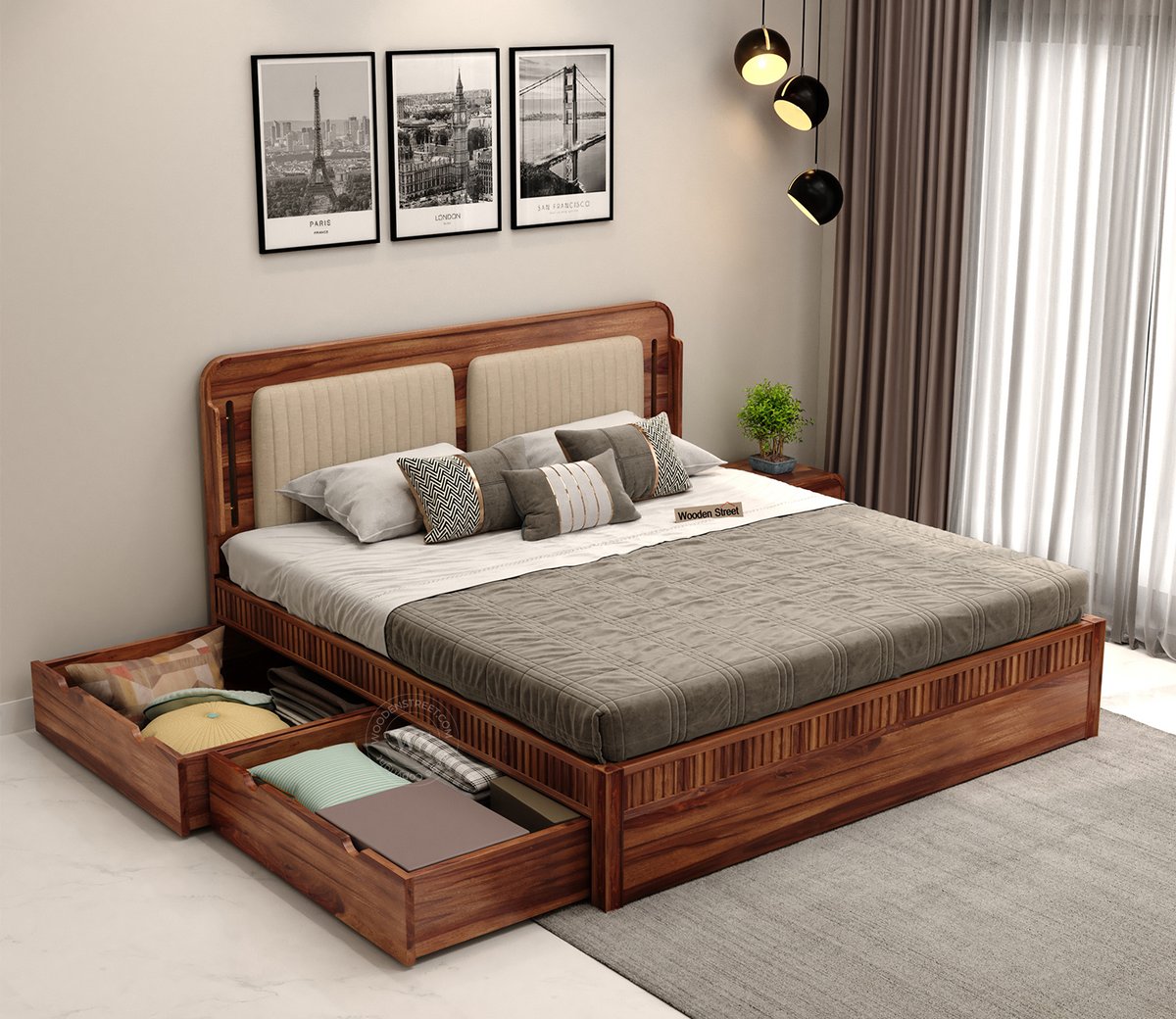 wooden king size bed with storage