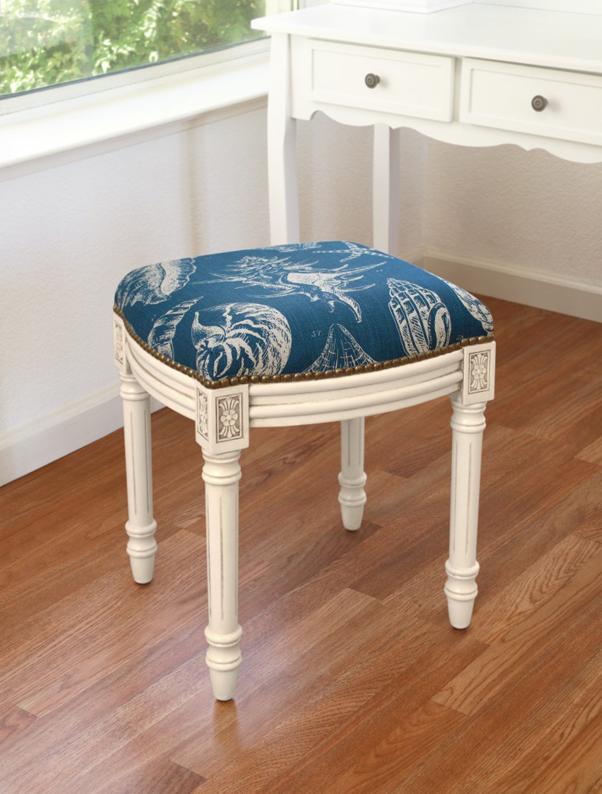 The Timeless Appeal of Navy Blue Seashells Linen Upholstered Vanity Stool in Modern Interiors