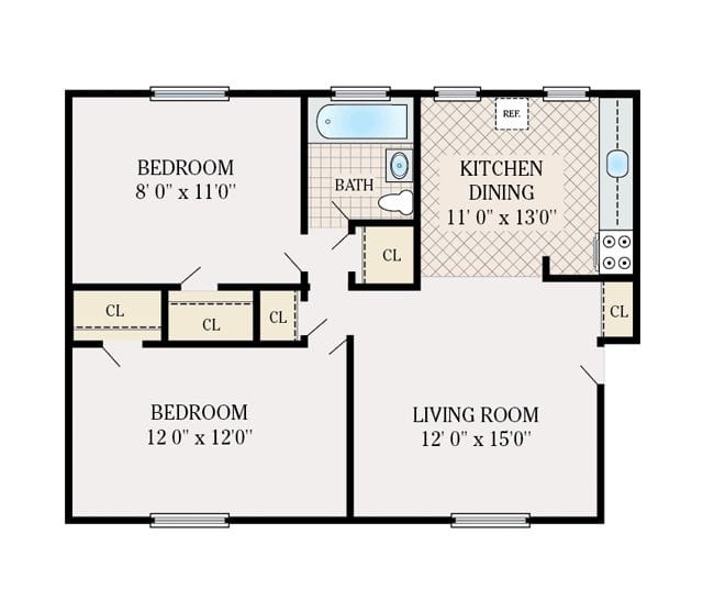 2 bedroom 1 bath floor plan 3