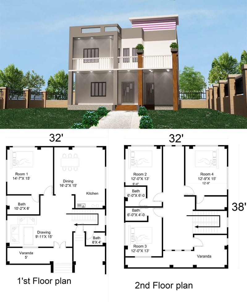 4 bedroom 2 floor house plans 1