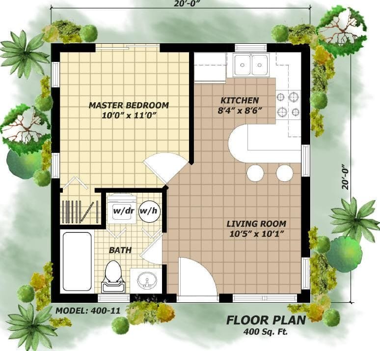 400 sq ft house plans 1 bedroom 2