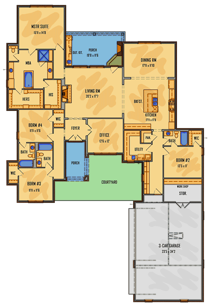 four bedroom floor plans single story 2