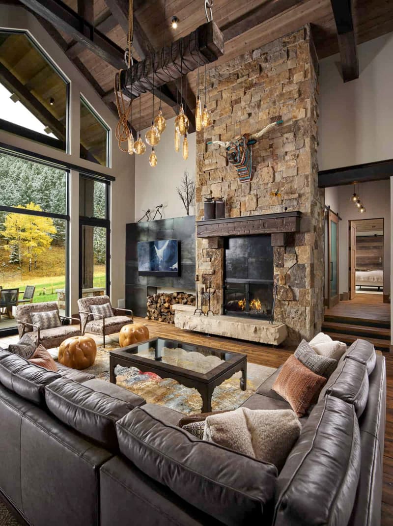 living room with stone fireplace 2