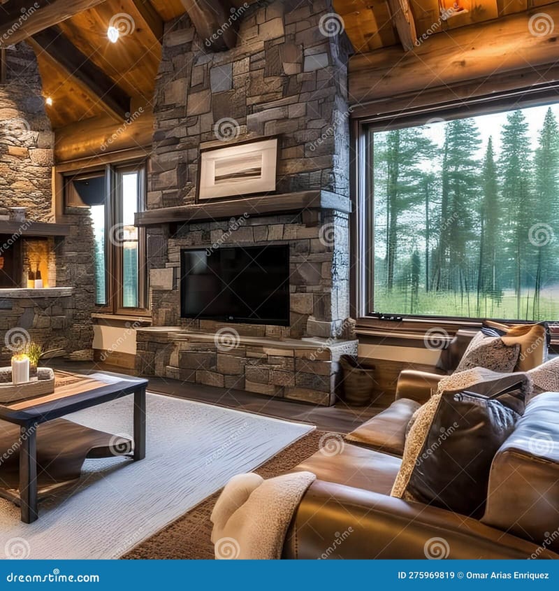 living room with stone fireplace 4