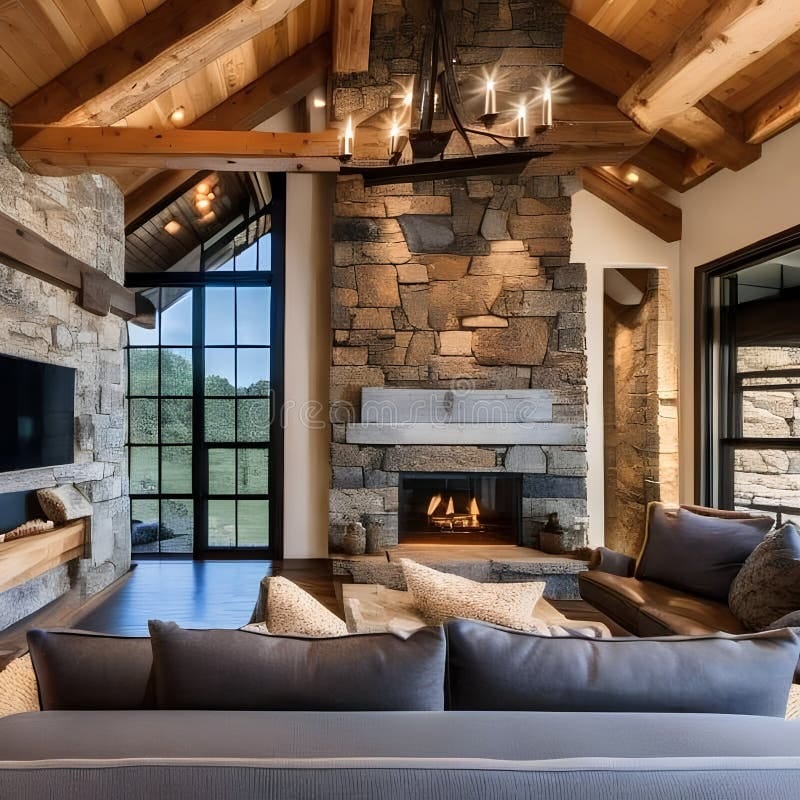 living room with stone fireplace 5