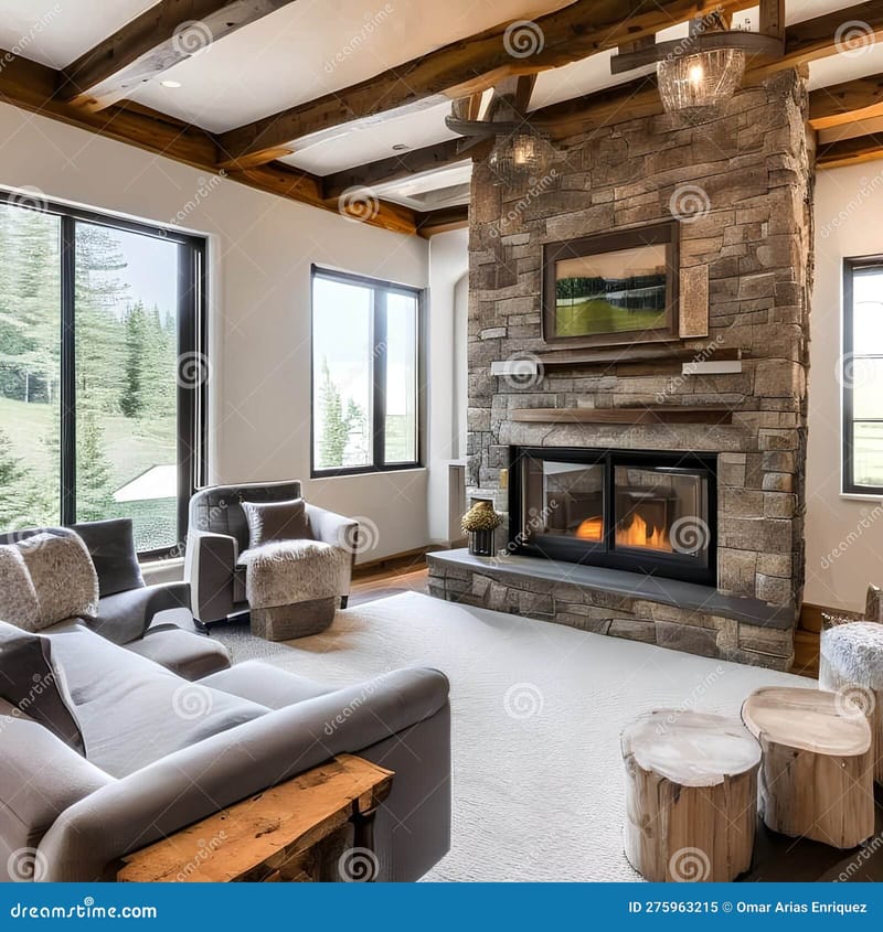 living room with stone fireplace 5