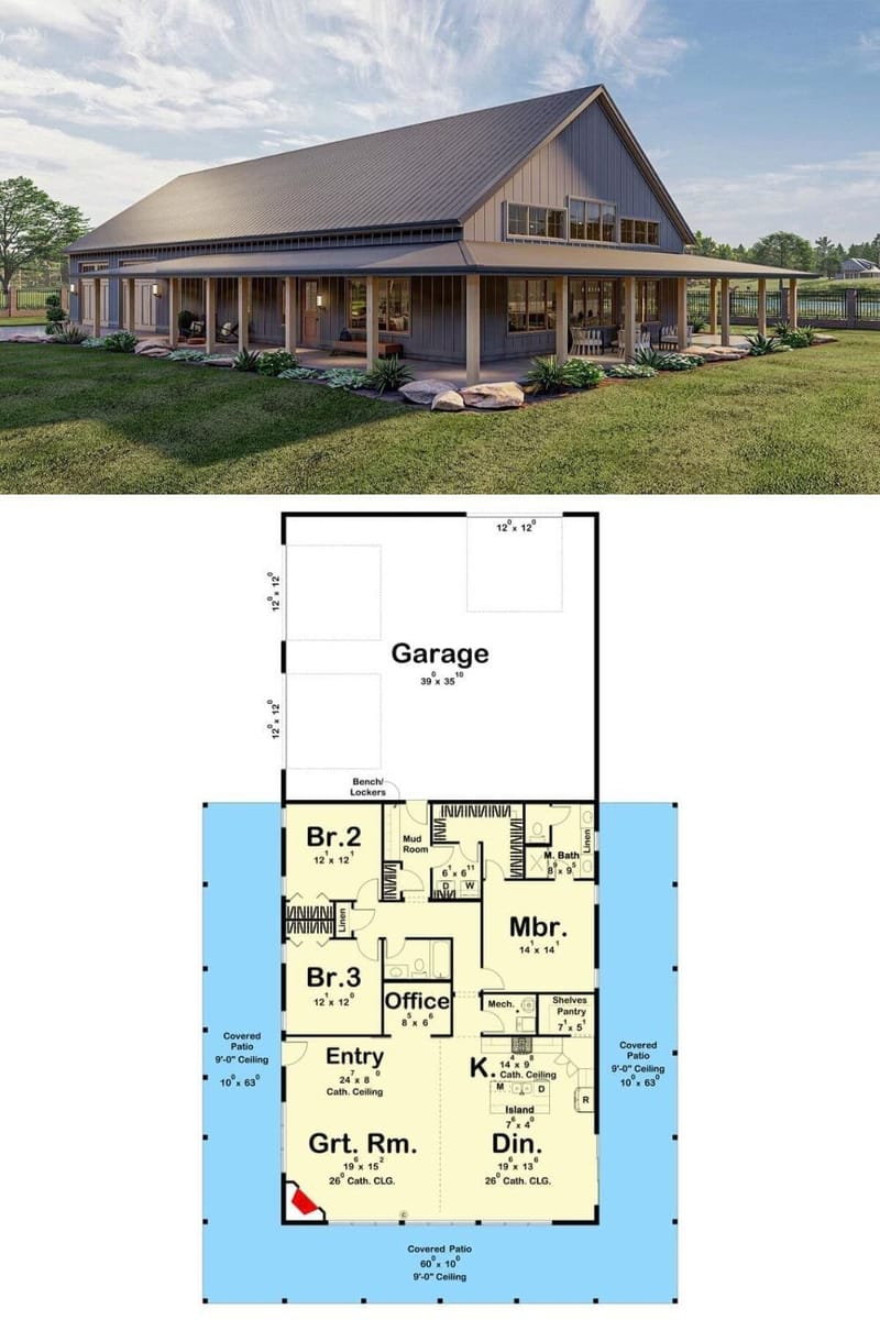 one story 3 bedroom barndominium floor plans 1