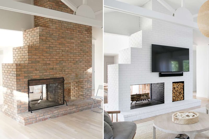 painting over brick fireplace before and after 1