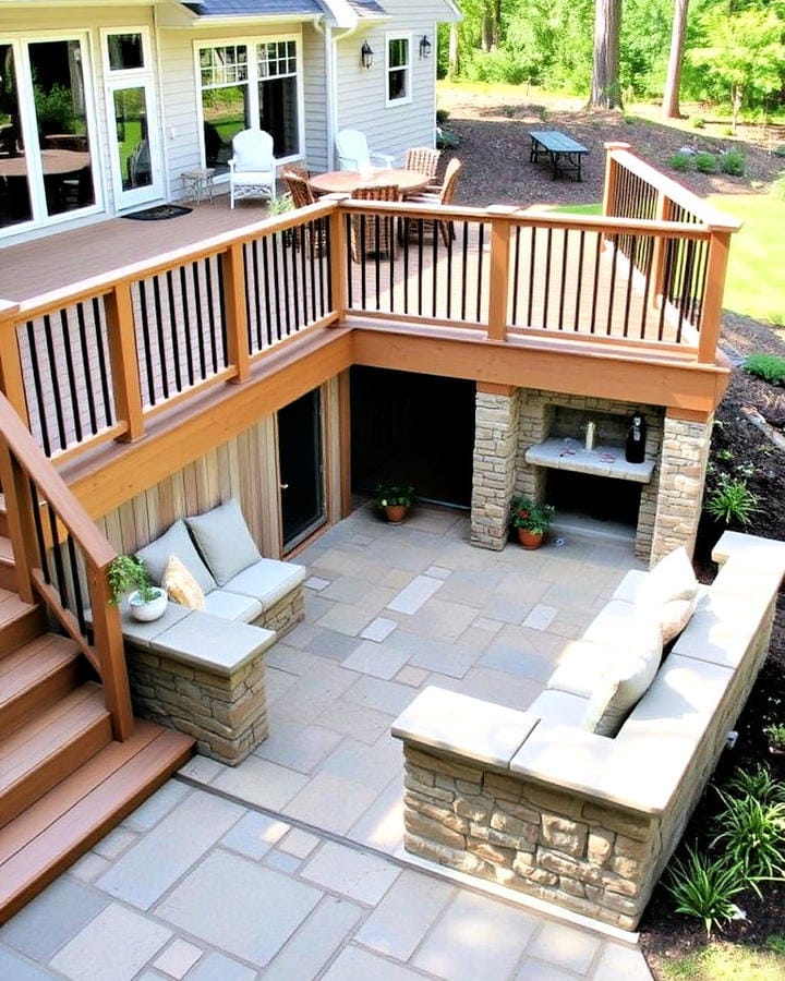 wood deck and stone patio combination 1