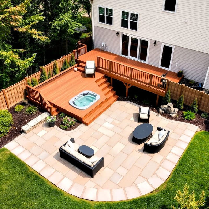 wood deck and stone patio combination 3