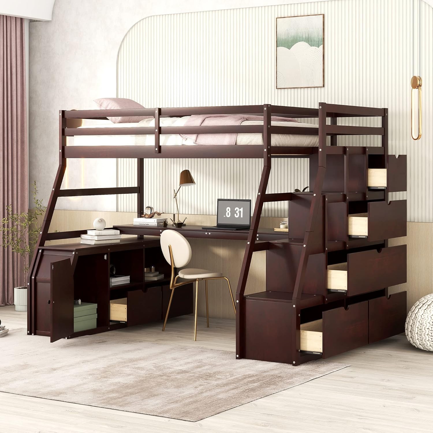 wooden loft bed with desk 5