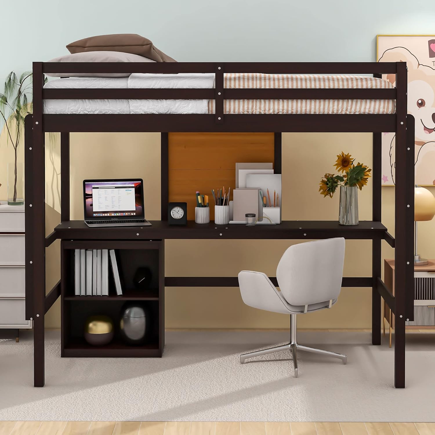 wooden loft bed with desk 1