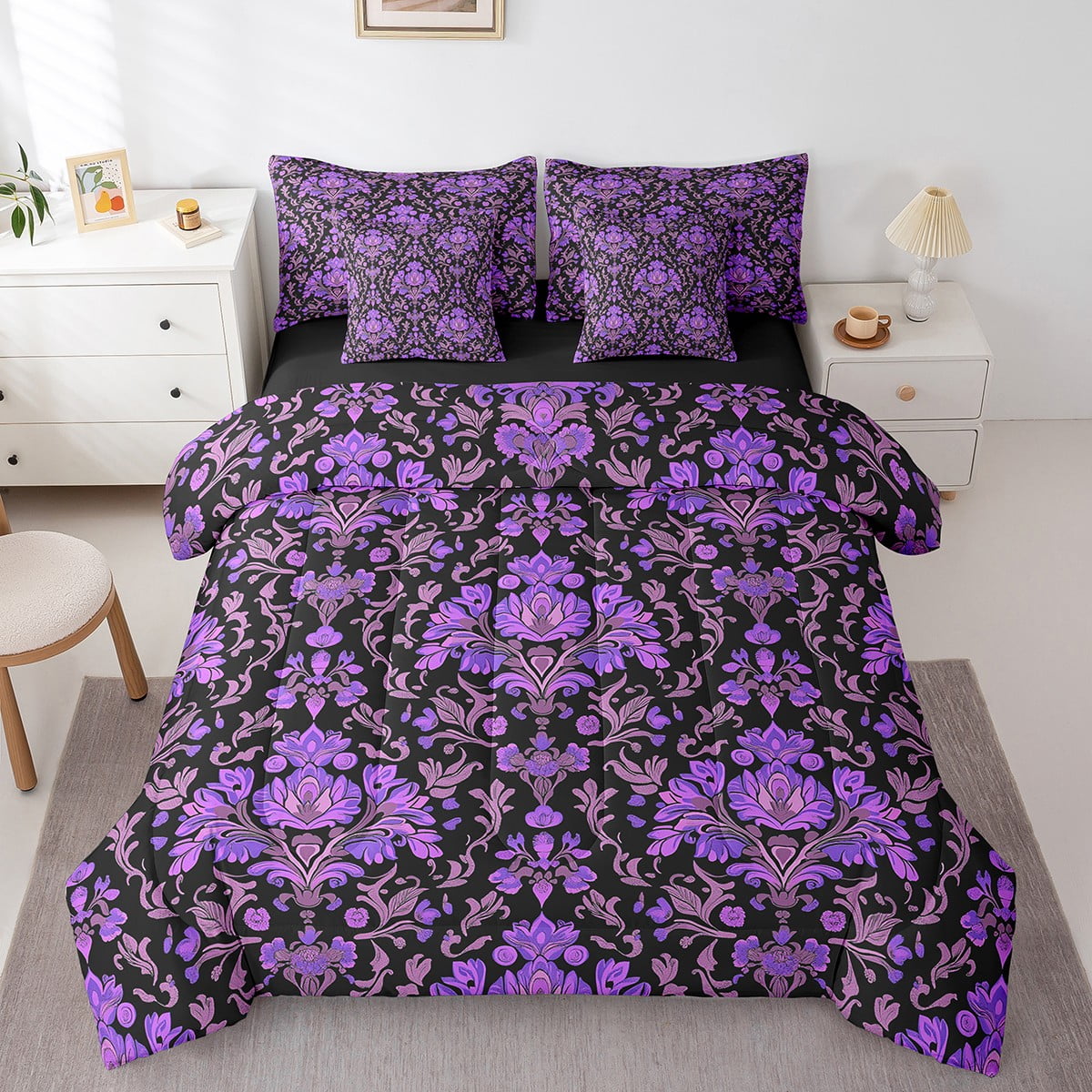black and purple bed set