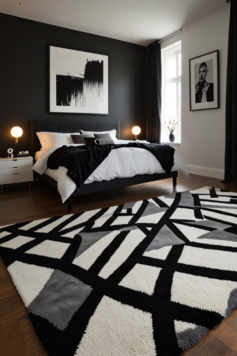 black and white bedroom rug