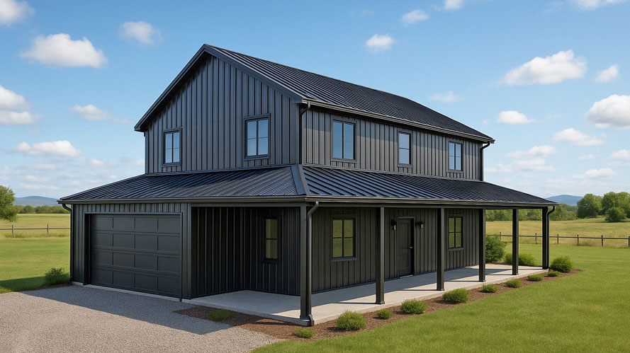 black barndominium with wrap around porch