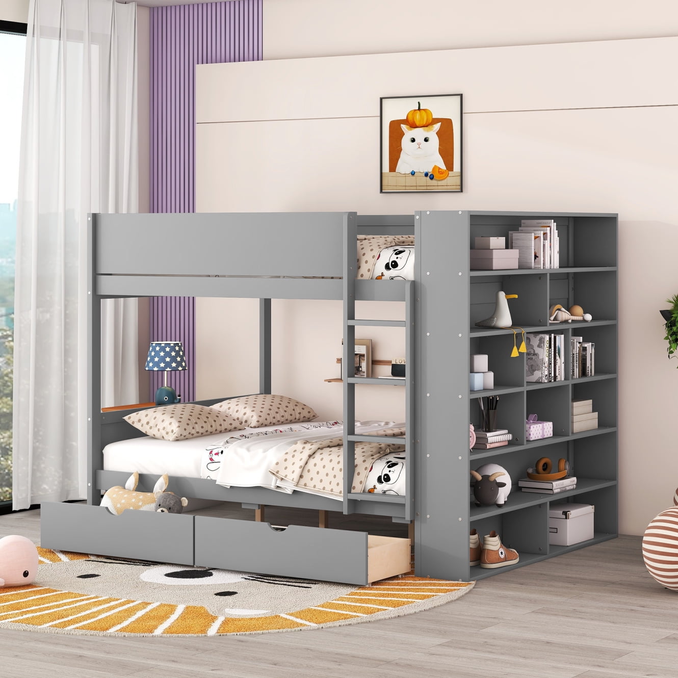 bunk bed with book shelf