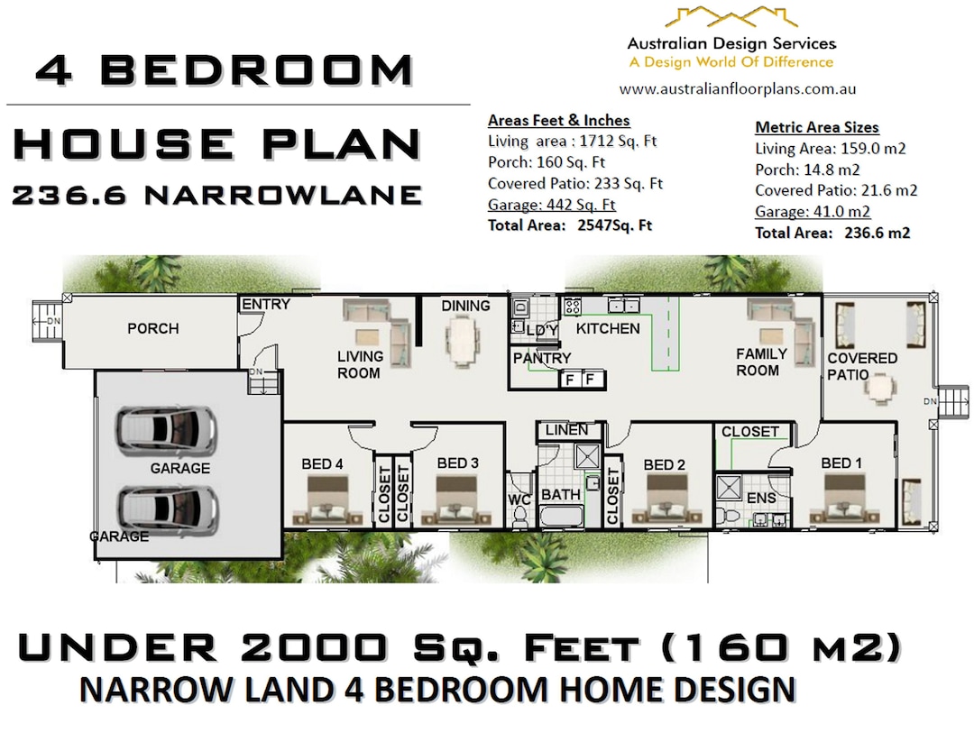 house plan narrow four bedroom