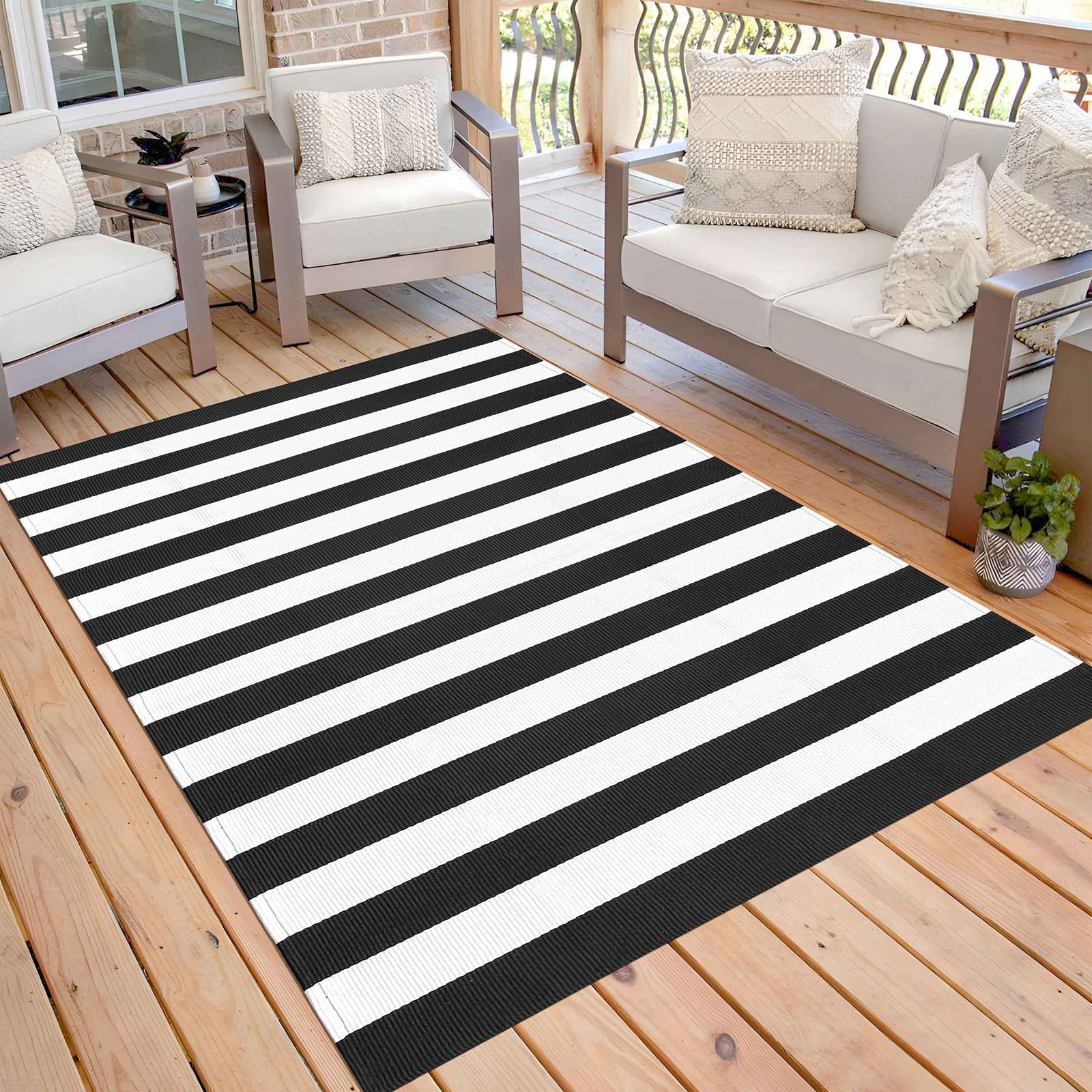 outdoor rug black white stripe