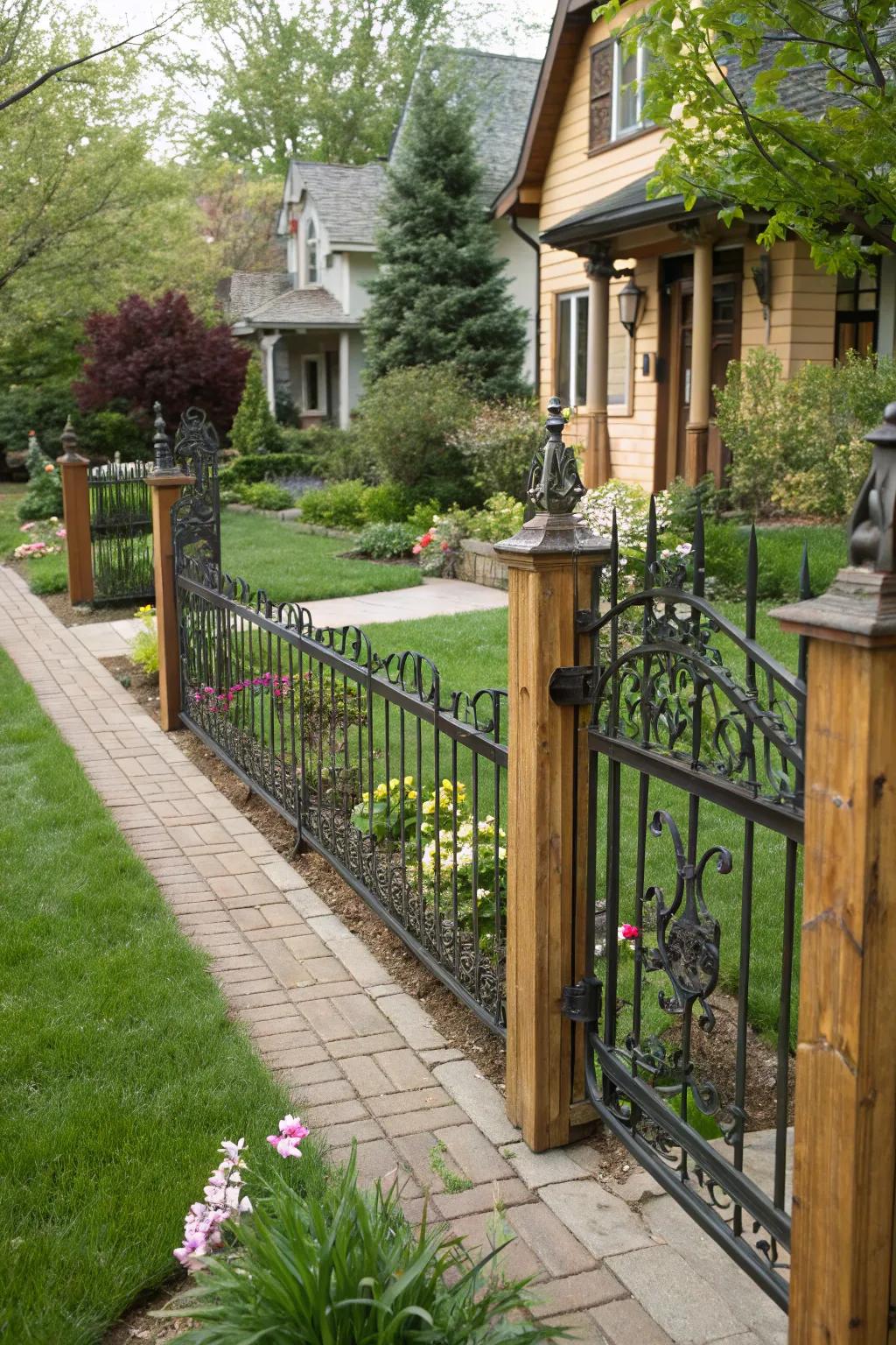 rod iron fence with wood
