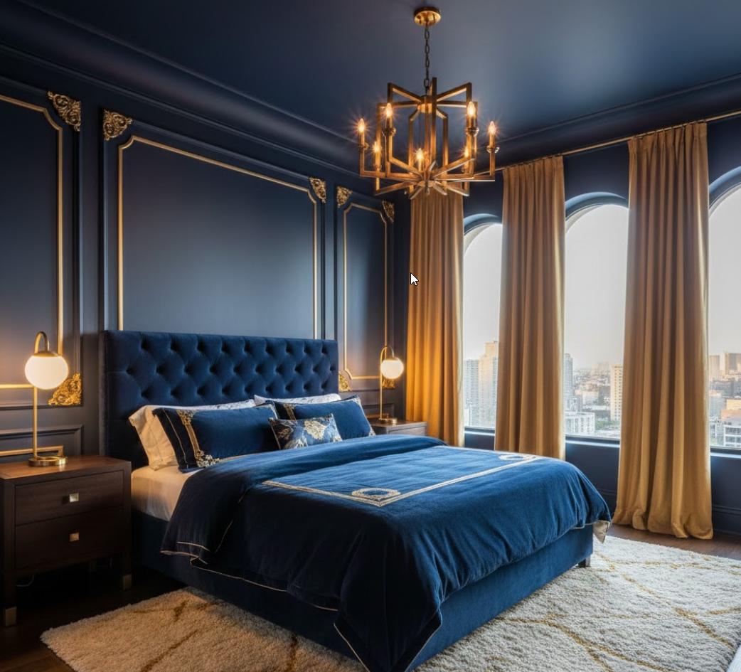 romantic cozy navy blue bedroom