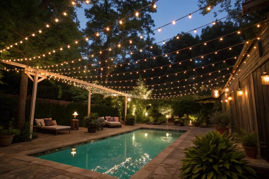 string lights over a pool